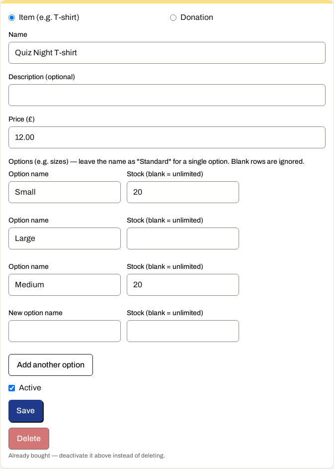 The Add-ons section on the event editor, with a T-shirt item's sizes and stock, and a donation add-on.