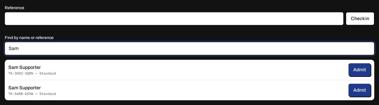 The check-in scanner: manual reference entry and a name search showing a matching ticket.