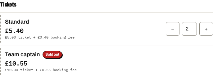 A ticket type with its fee-inclusive price and the ticket-plus-fee breakdown underneath.