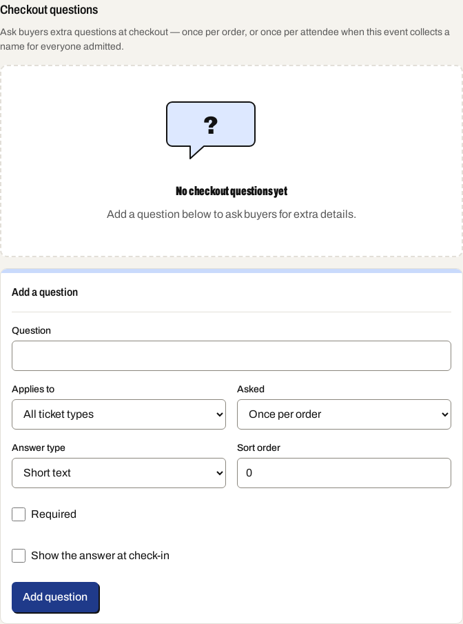 The checkout questions section on the event editor, with the add-question form.