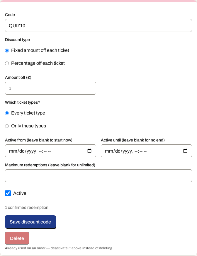 The discount codes section on the event editor, with an active fixed-amount code and the add-code form.