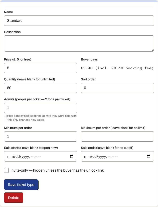 The event editor, showing the Quiz Night event with its ticket types and prices.