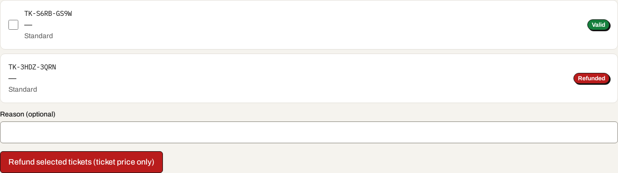 An order detail page showing one ticket refunded and the order marked partially refunded.