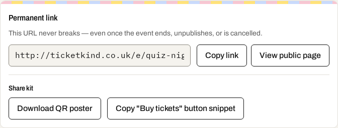 The share kit on a published event: the permanent link, a QR poster download and a copy-paste button.
