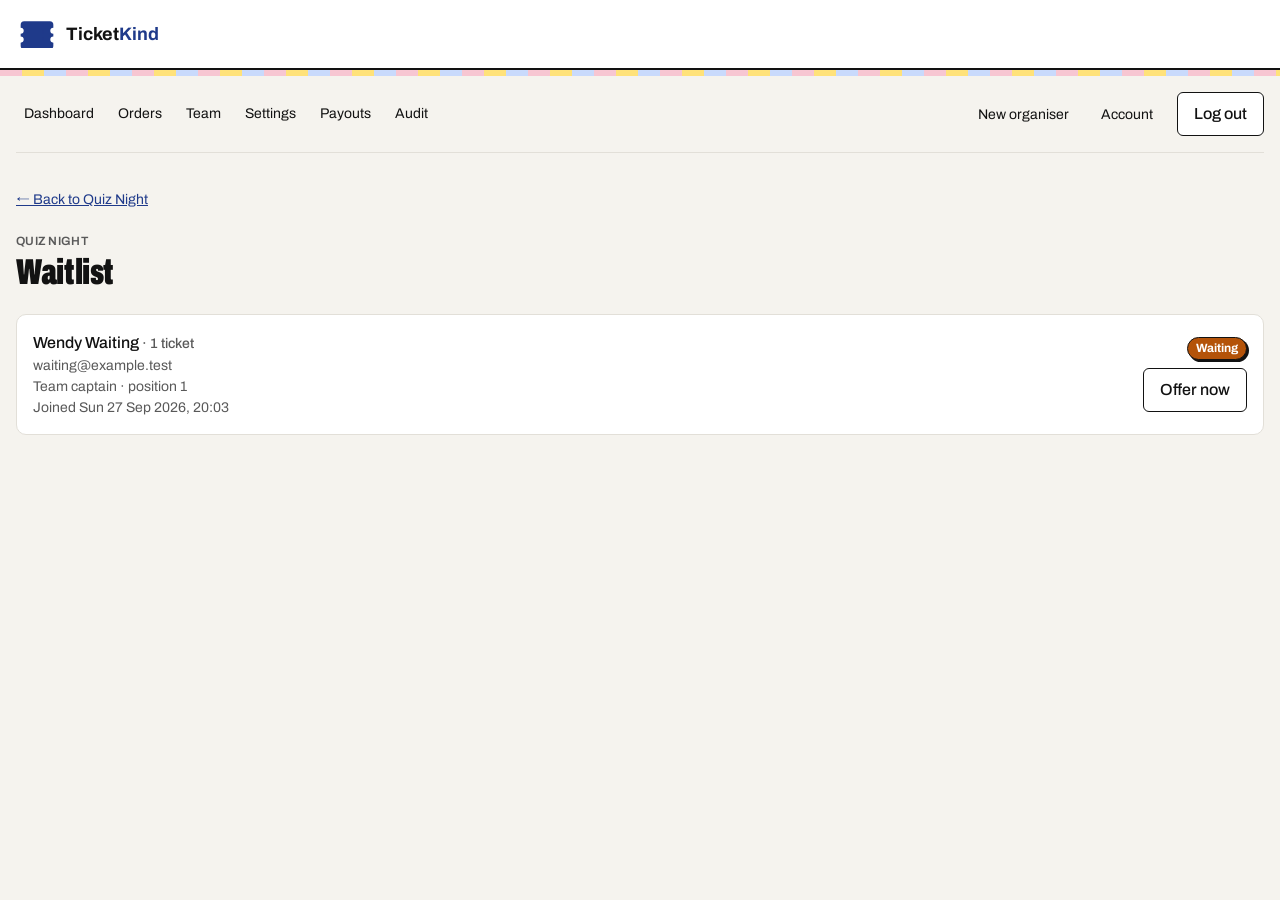 The waitlist for a sold-out ticket type, with an entry waiting to be offered a place.